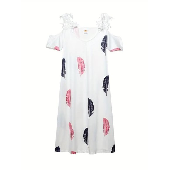 Boho Cold Shoulder Lace Feather Print Midi Dress White V-Neck Summer - Picture 3 of 5